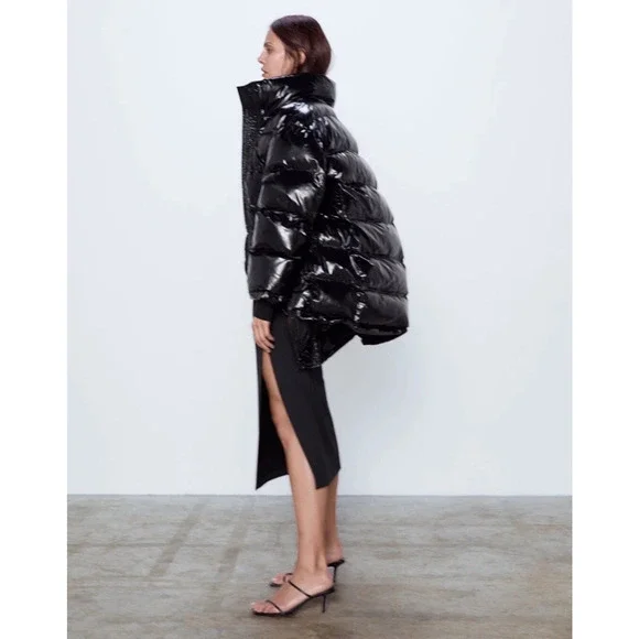 Zara Oversized Puffer Coat Glossy Shiny Jacket Size Medium‎ Black Vogue Runway